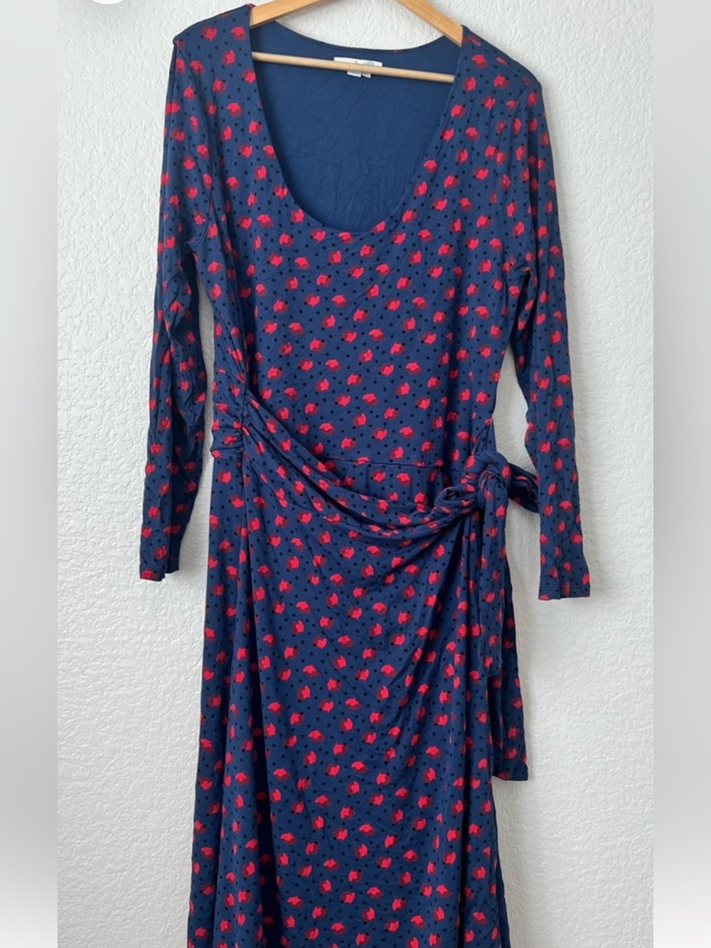 Boden Size 18 Tall Navy Red Floral Faux Wrap Jersey Dress Scoop Neck Tie Waist.